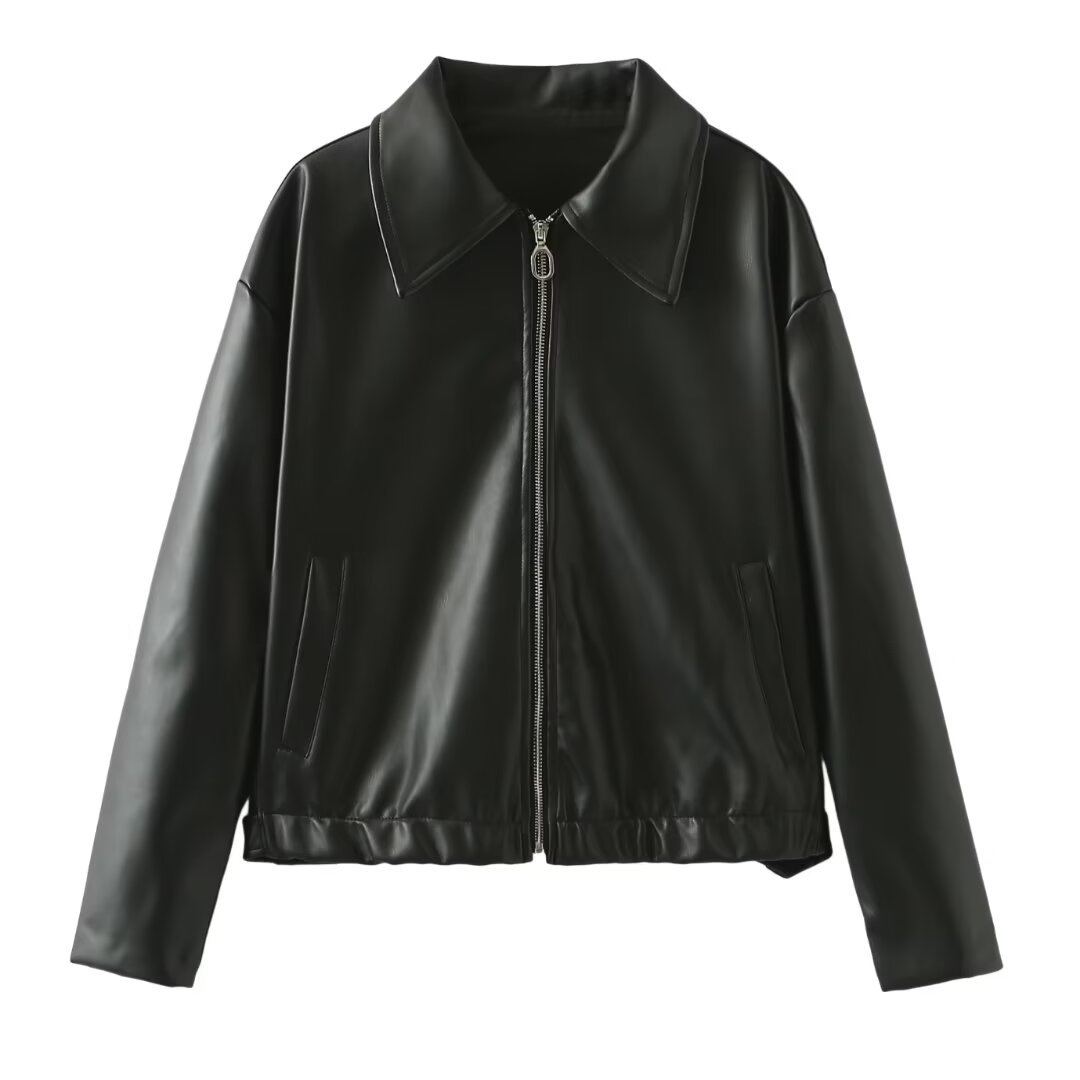 Women's Solid Color Lapel Zipper Jacket