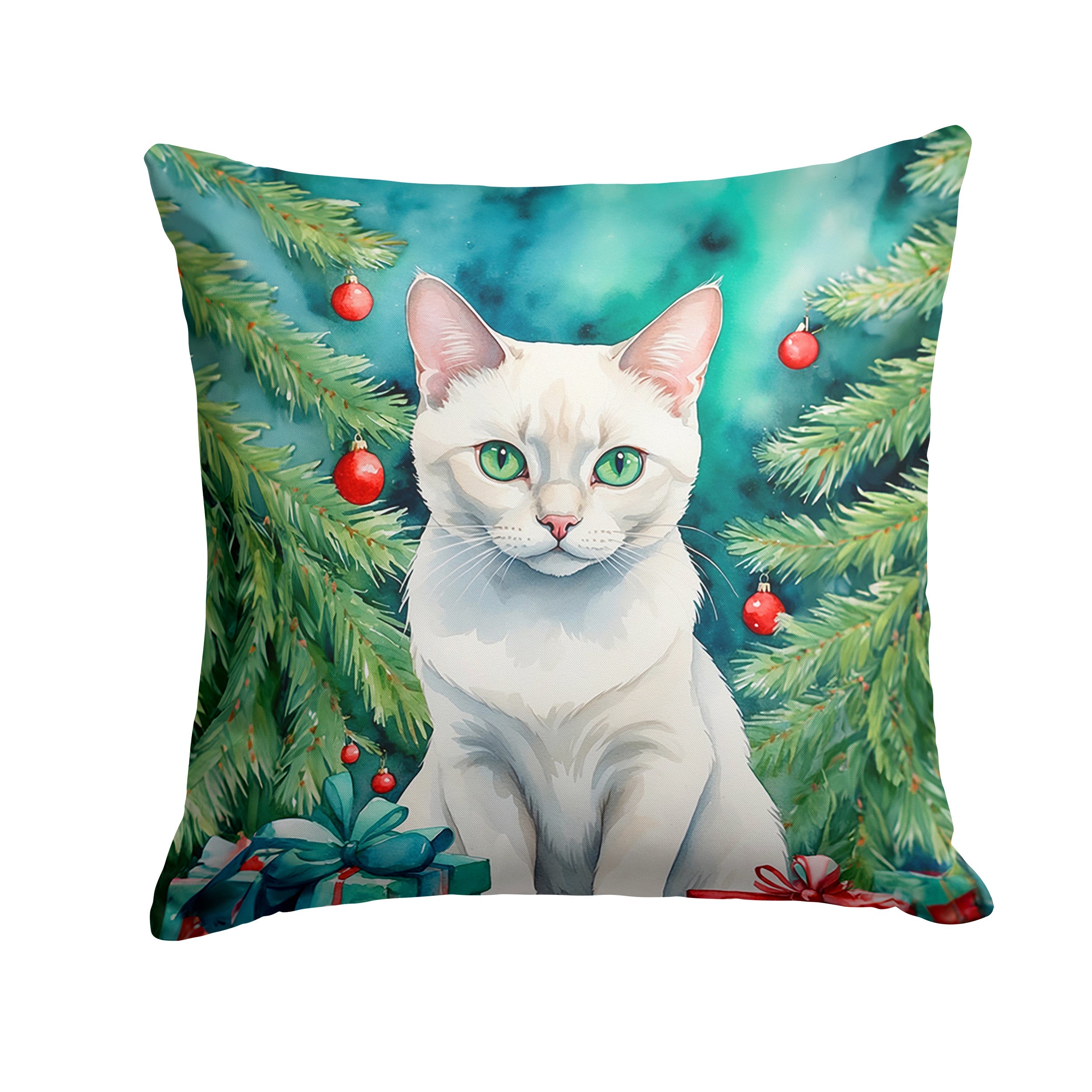 Foreign White Cat By the Christmas Tree Throw Pillow