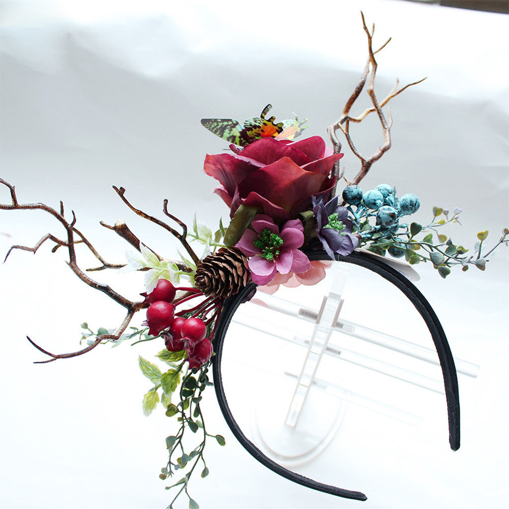 Exaggerated Christmas Antler Headband with Floral Accents