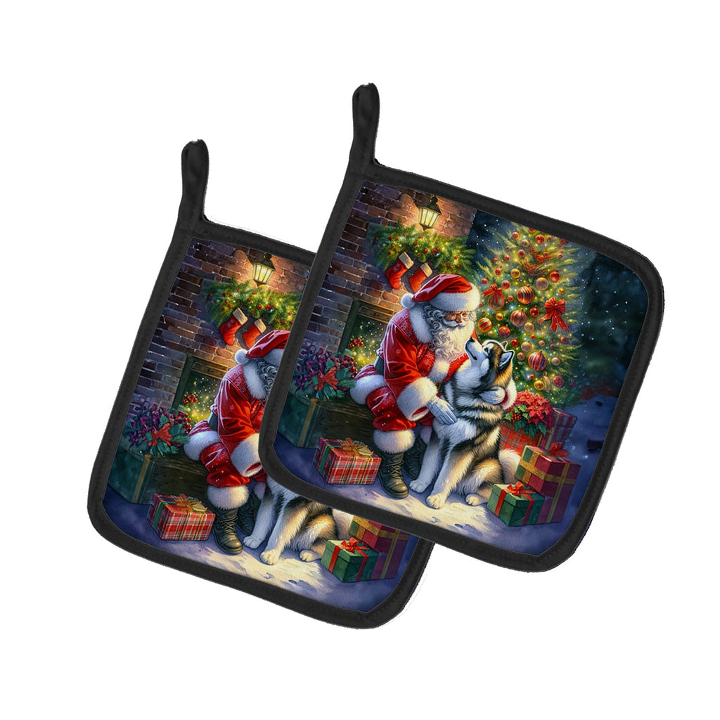 Alaskan Malamute and Santa Claus Pair of Pot Holders