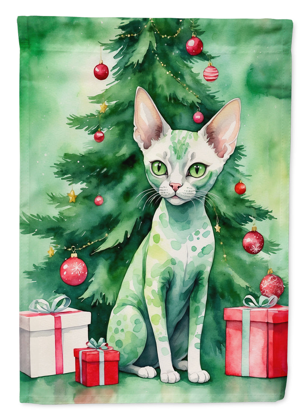 Devon Rex Cat By the Christmas Tree Garden Flag