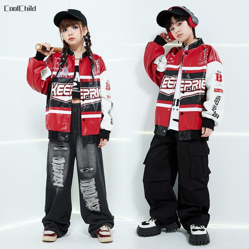 Boys Hip Hop Leather Jacket & Cargo Pants Set