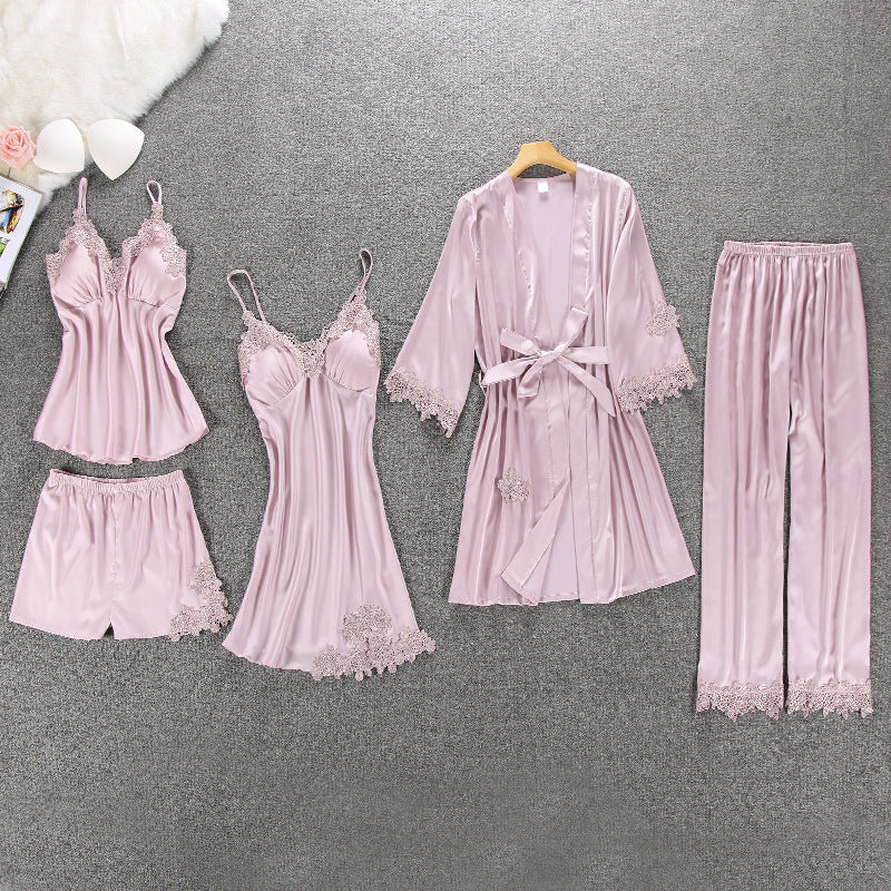 Silk Lace Nightgown Set with Padded Robe (5 Pieces)