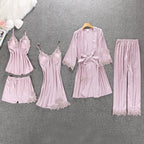 Silk Lace Nightgown Set with Padded Robe (5 Pieces)