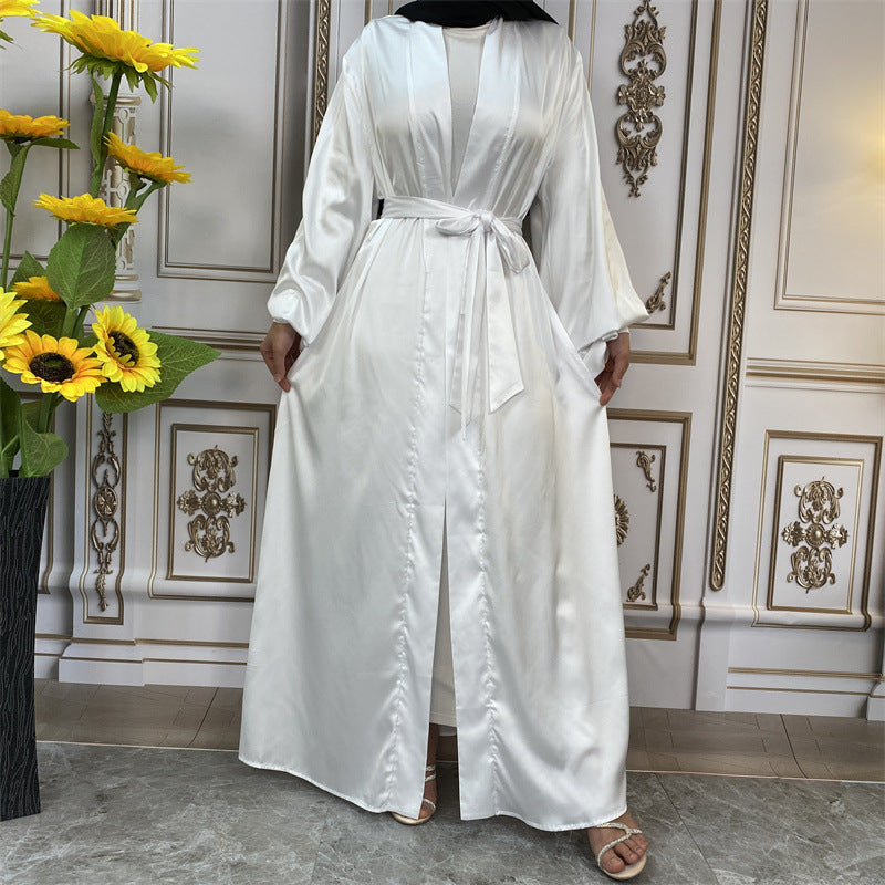 Thin Satin Tie Lantern Sleeve Cardigan
