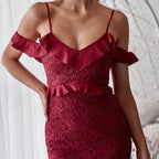 Bella Philosophy Burgundy Lace Ruffle Bodycon Dress