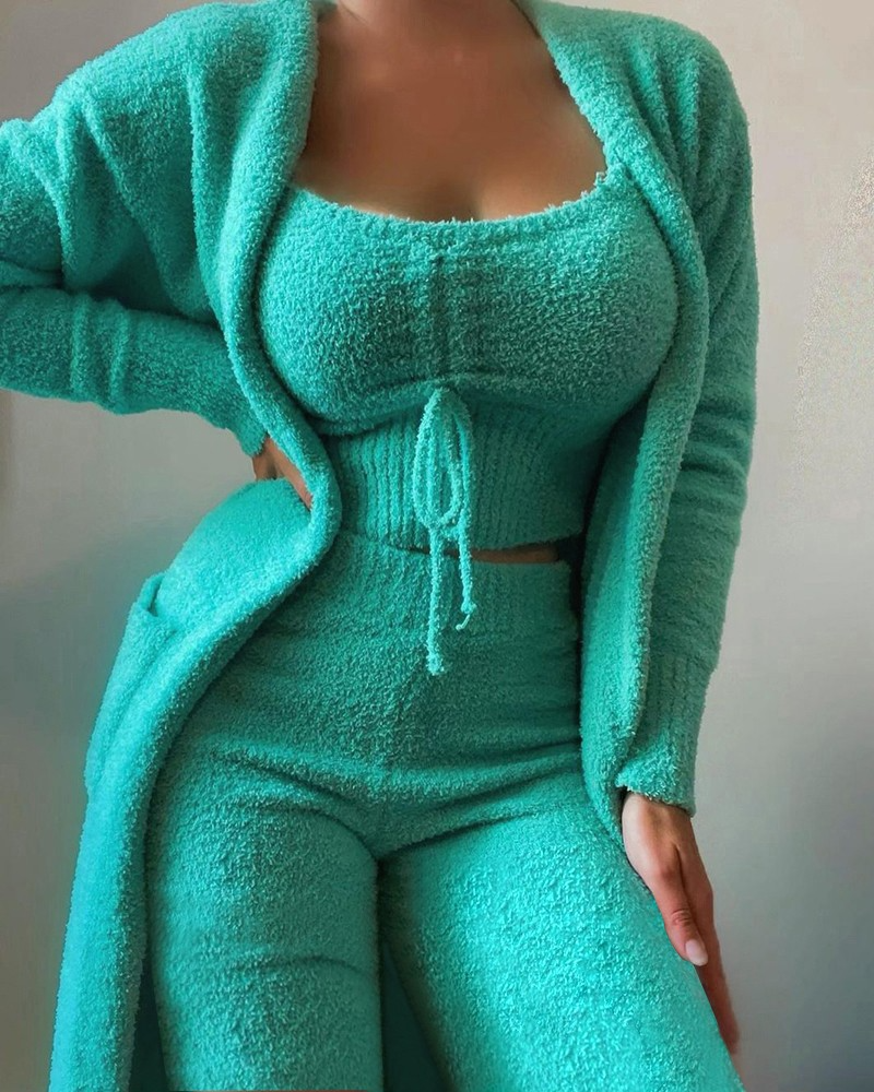 Plush Lace-up Cardigan 3-Piece Pantsuit