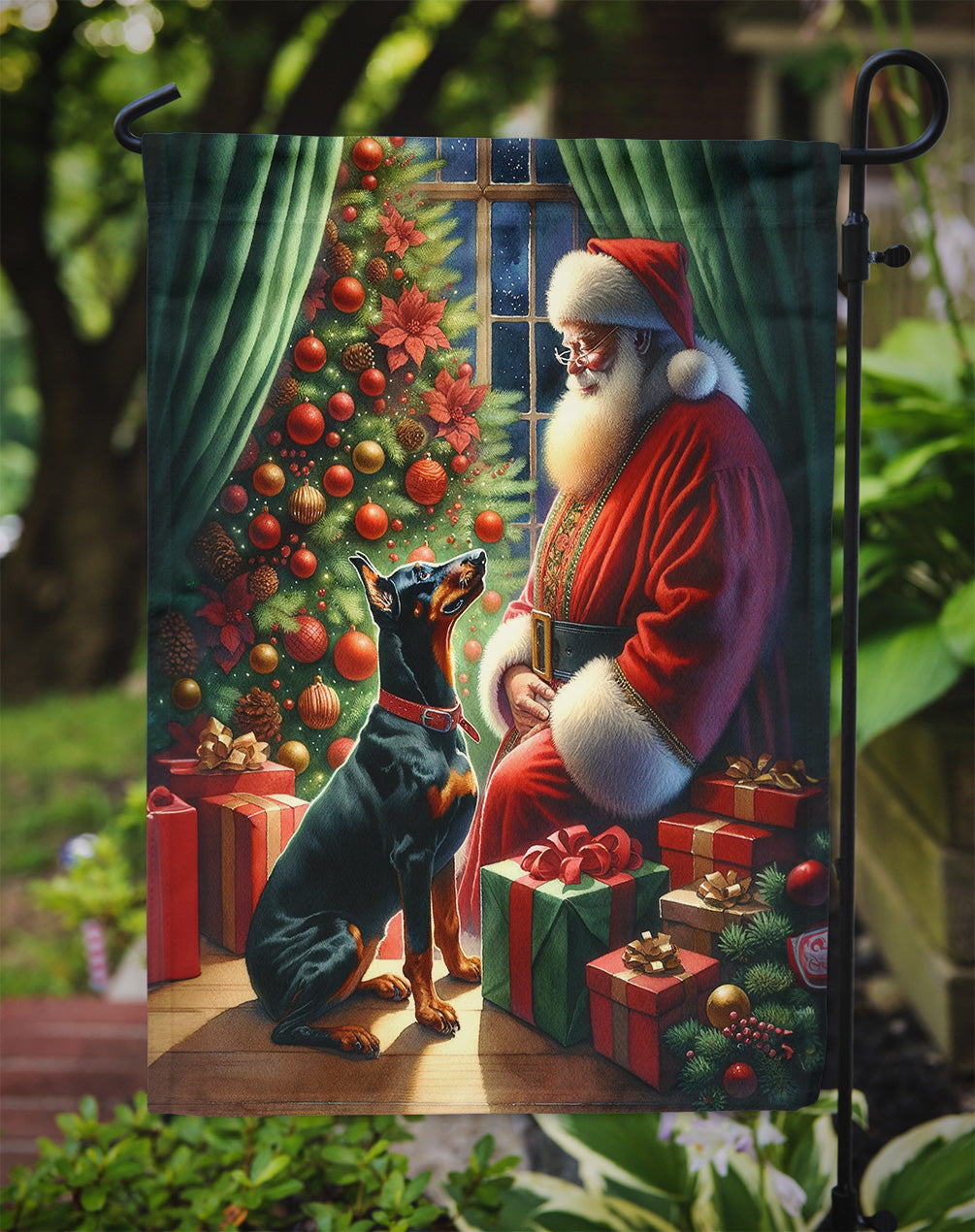 Doberman Pinscher and Santa Claus Garden Flag