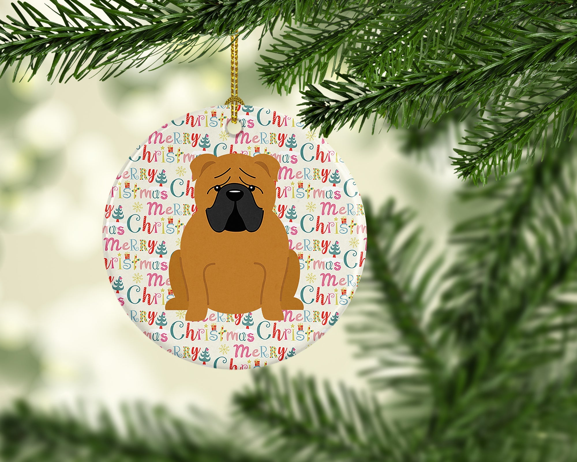 Merry Christmas English Bulldog Red Ceramic Ornament