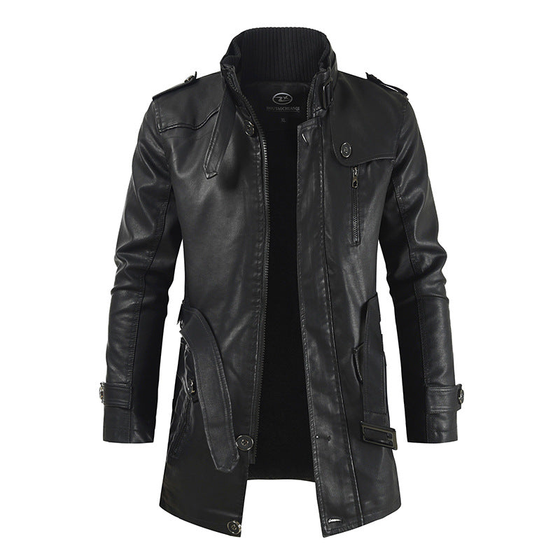 Men's Medium Long Leather Windbreaker with Slim Collar