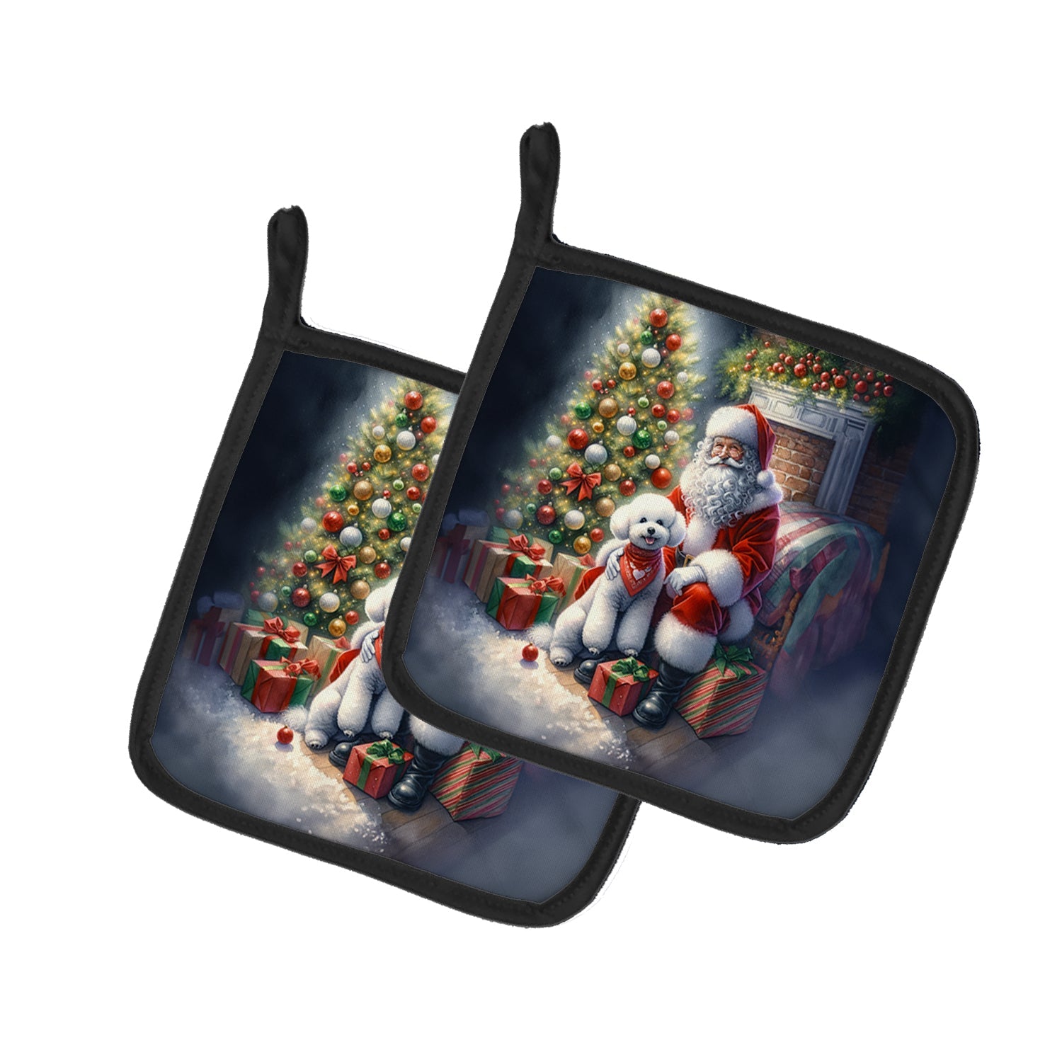 Bichon Frise and Santa Claus Pair of Pot Holders