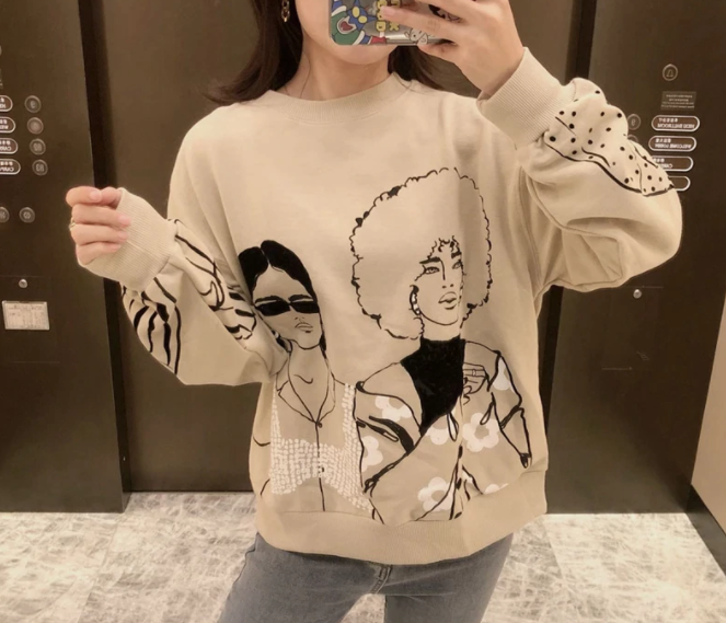 Cartoon Girl Print Loose Round Neck Sweater