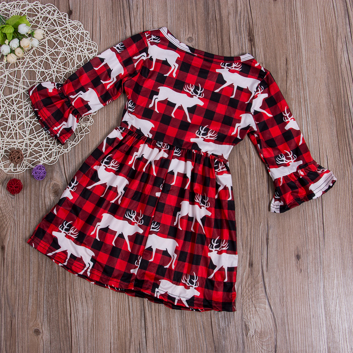 Christmas Plaid Reindeer Print Princess Dress for Kids