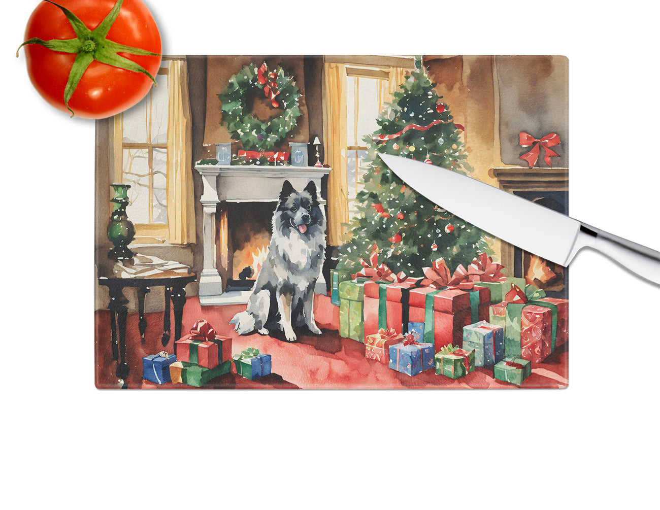 Keeshond Cozy Christmas Glass Cutting Board