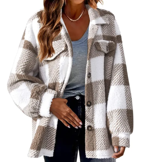 Turndown Collar Plaid Jacket with Pockets