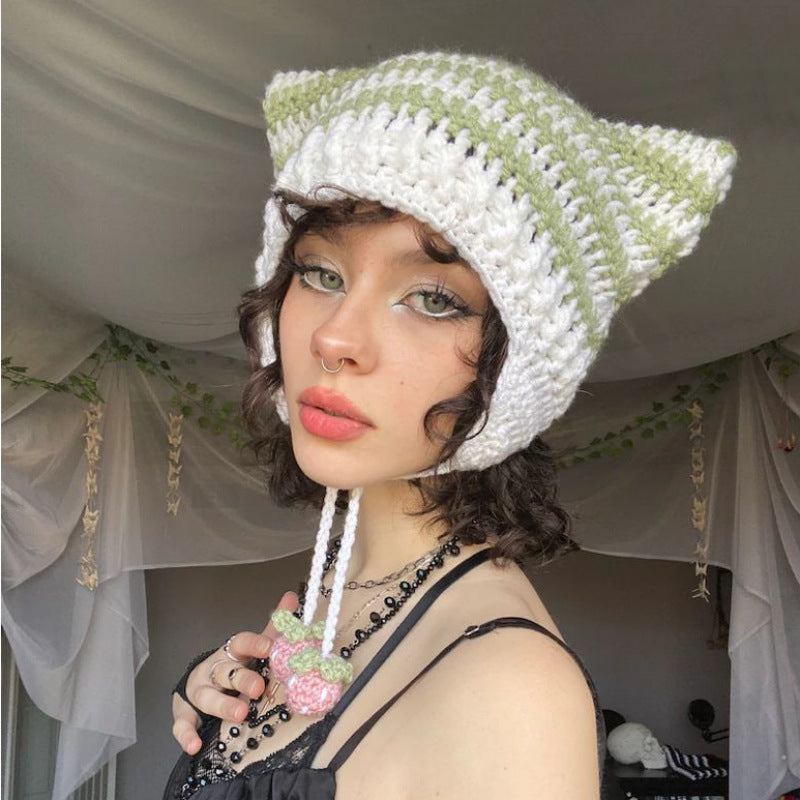 Hand Knitted Striped Wool Cap | Embroidered Cap