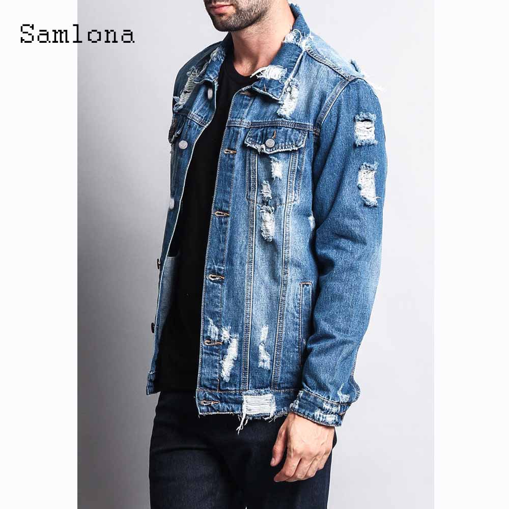 Men's Long Sleeve Ripped Denim Jacket for Casual Wear