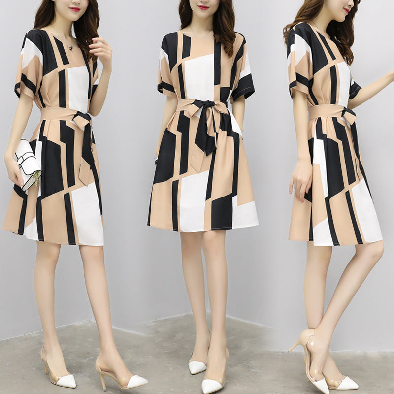 Cotton A-Line Dress with Waist Tie and Short Sleeves