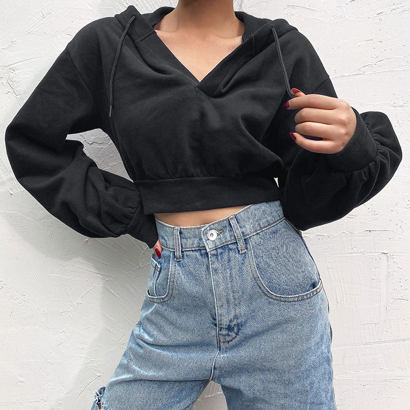 V-neck Hooded Jacket in Solid Color with Loose Fit