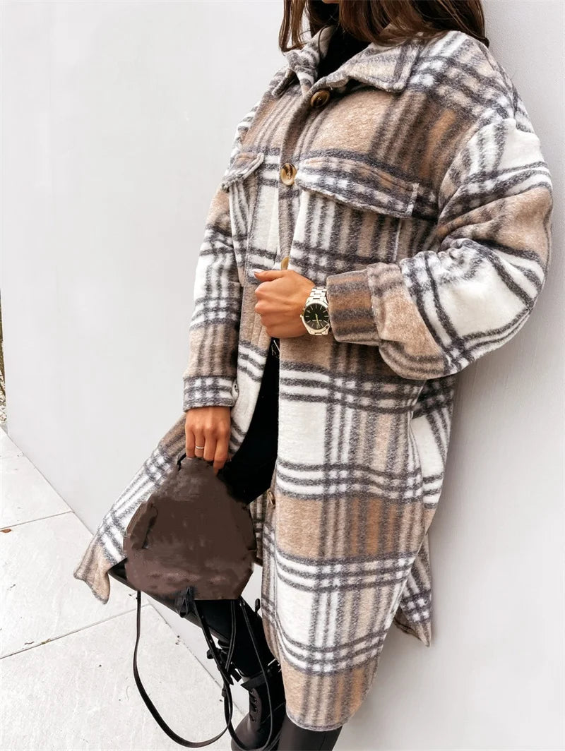 Women's Long Check Tweed Cardigan with Pockets