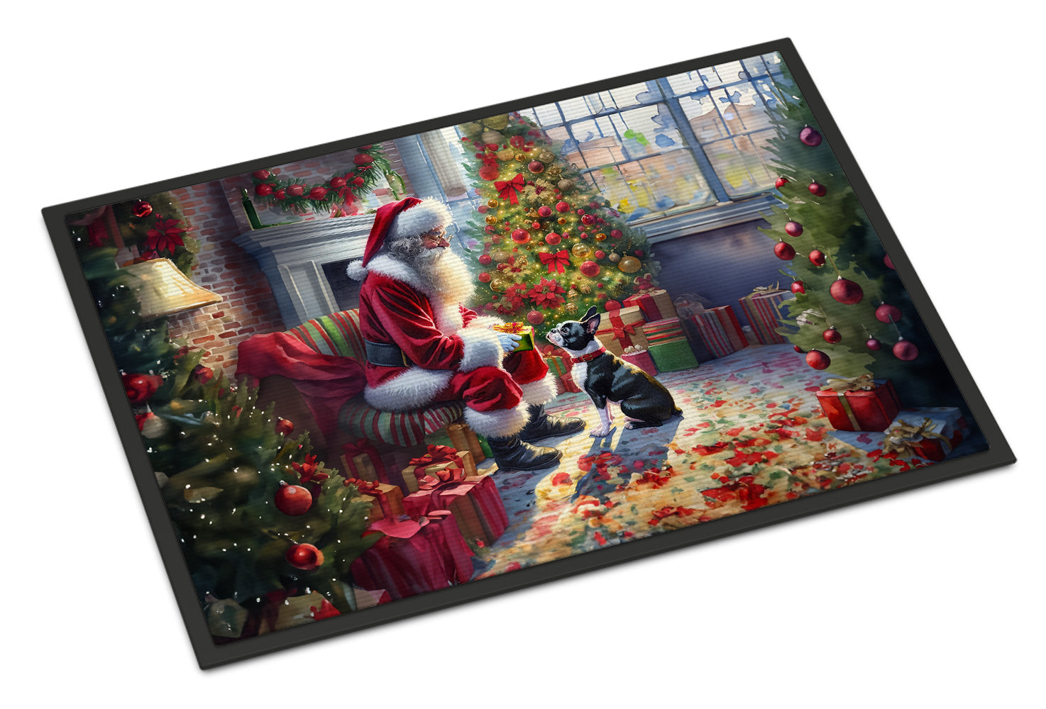 Boston Terrier and Santa Claus Doormat