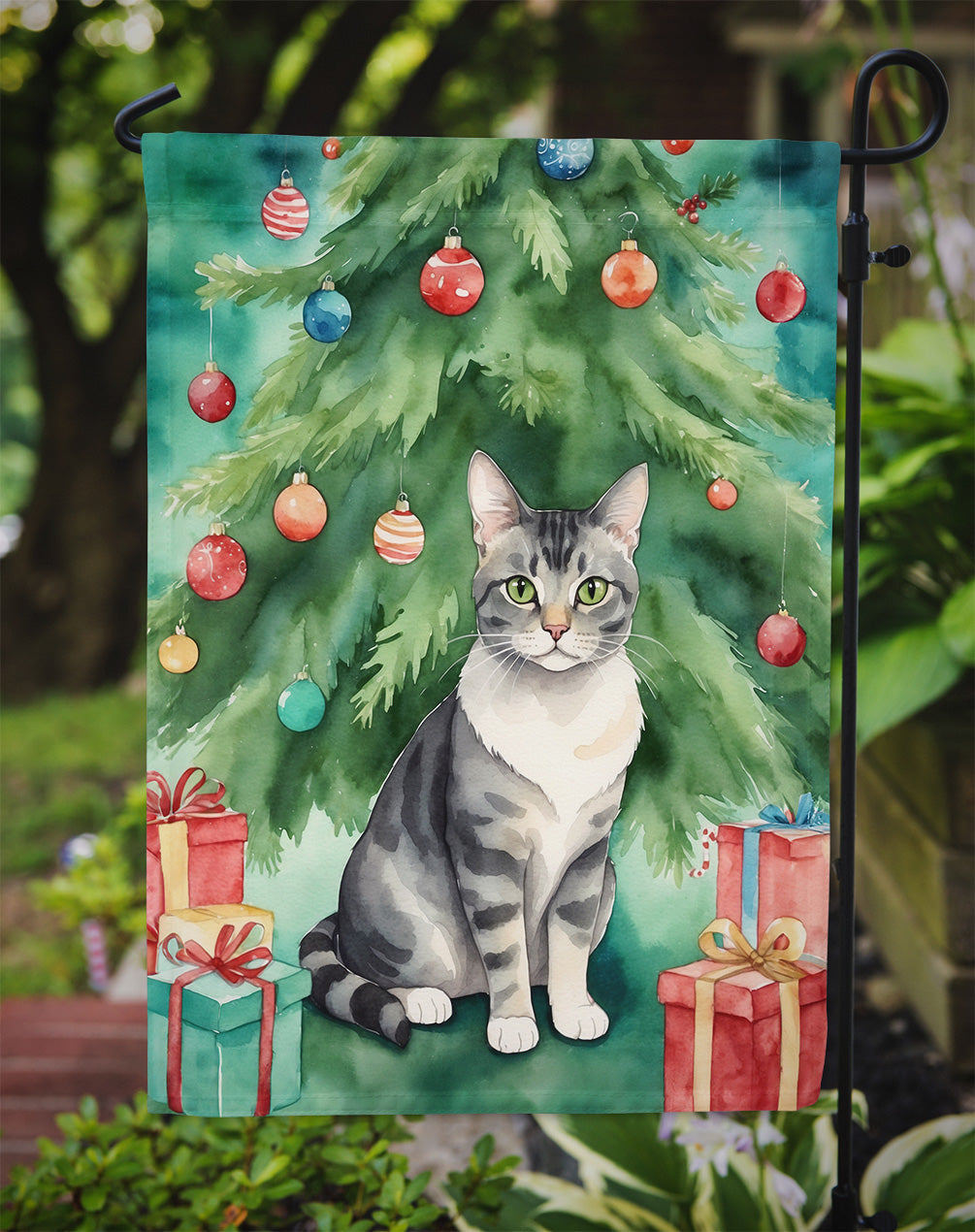 German Rex Cat By the Christmas Tree Garden Flag