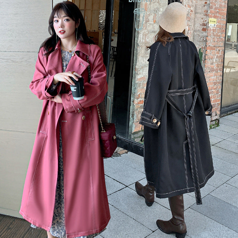 Women's Double-Breasted Belted Trench Coat with Collar