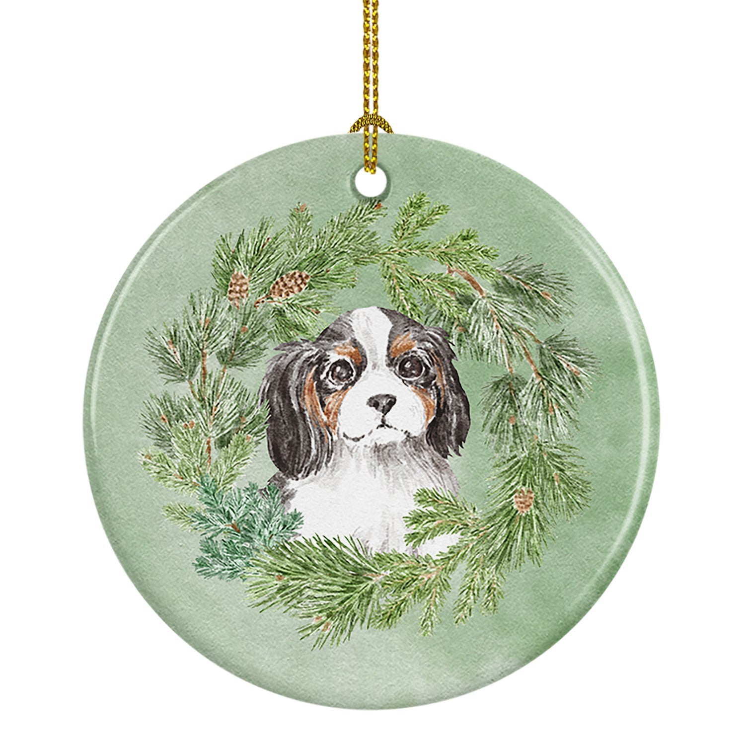 Cavalier Spaniel Puppy Tricolor Christmas Wreath Ceramic Ornament