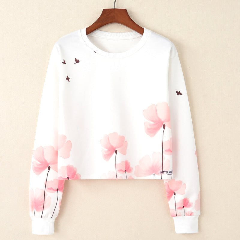Round Neck Long-Sleeve Sweater with Floral Bird Print