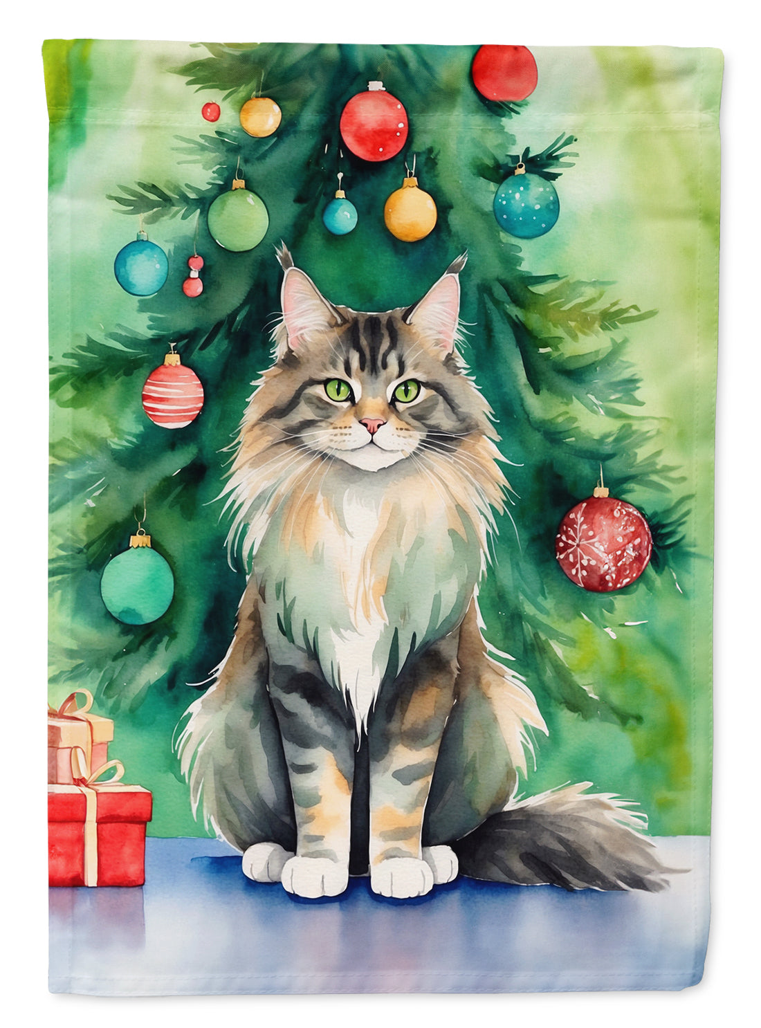 MaineCoon Cat By the Christmas Tree House Flag