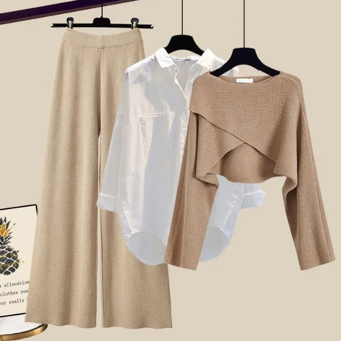3pcs Knitted Sweater & Wide-Leg Pants Set