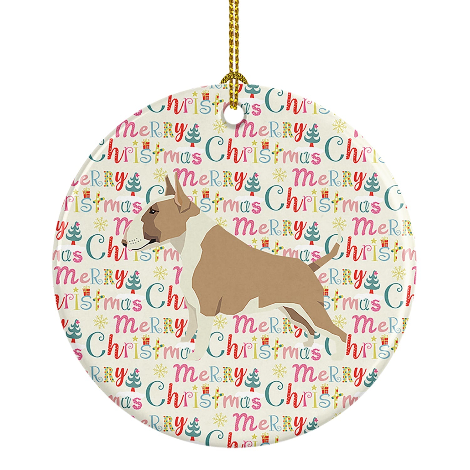 Fawn and White Bull Terrier Merry Christmas Ceramic Ornament