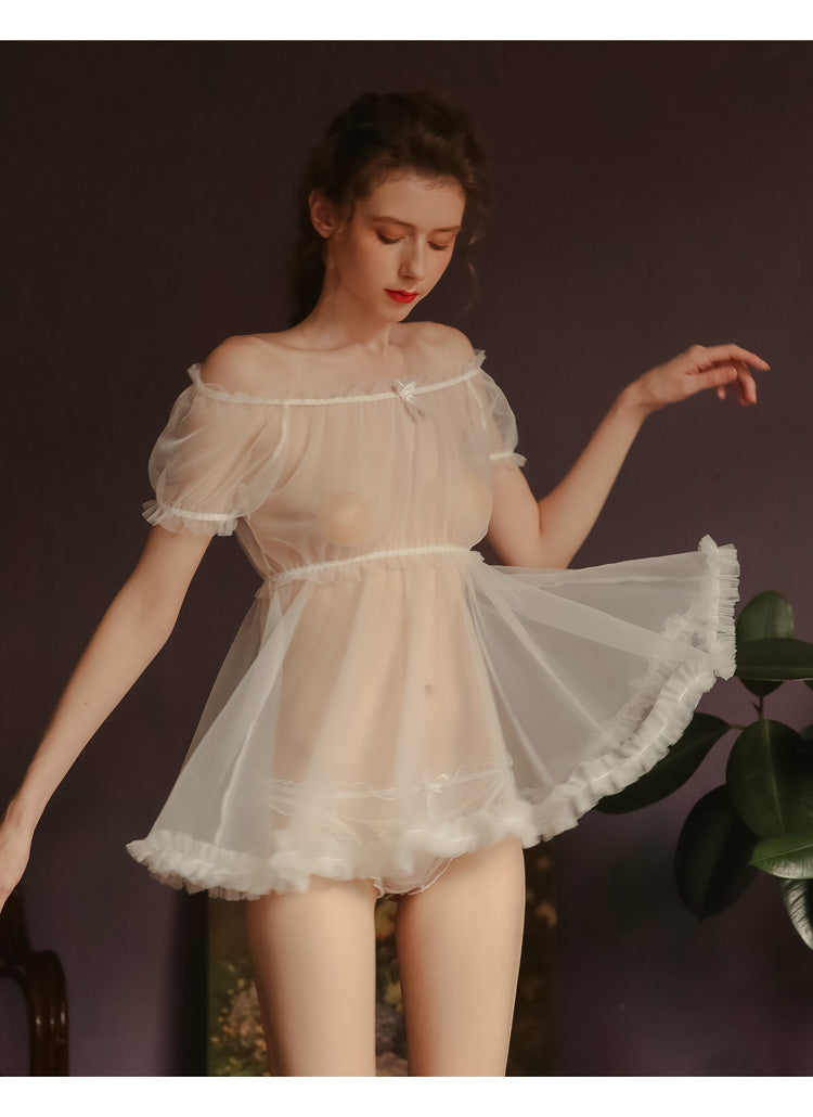 Sheer Mesh Off-Shoulder Princess Nightgown Dress