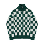 Men's Loose Checkerboard Sweater with Stand Collar