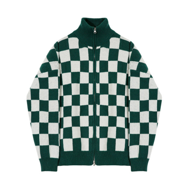 Men's Loose Checkerboard Sweater with Stand Collar