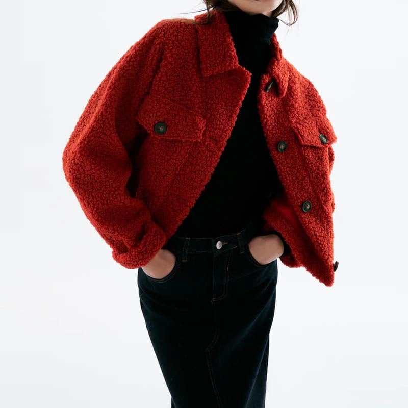 Fashionable Single Breasted Lamb Wool Lapel Coat