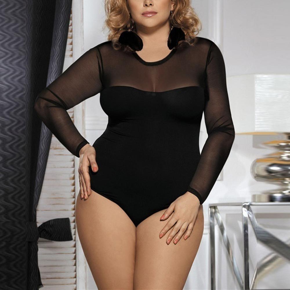 Plus Size Sexy Lace Long Sleeve Bodysuit Sleepwear
