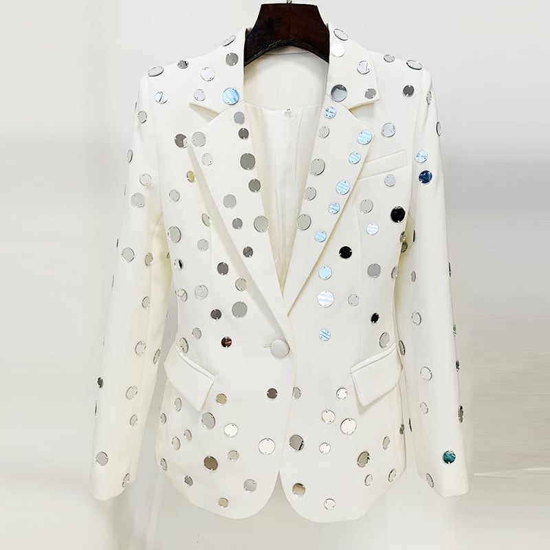 Beaded Round Mirror One Button Suit Jacket Coat