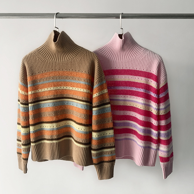 Color Striped Pullover Sweater with High Collar Slim Fit | Streetwear