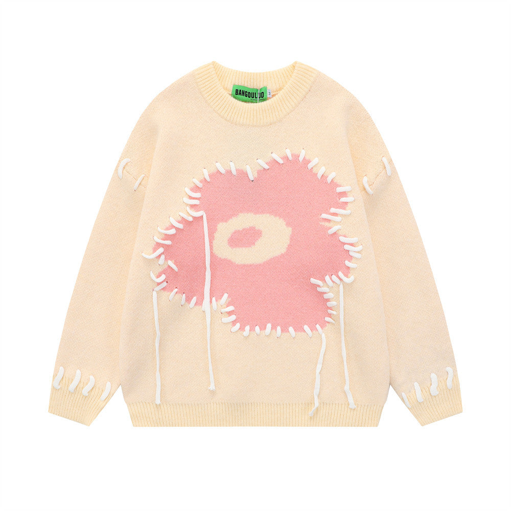 Men's Pullover Sweater with Sewn Flower Design | Streetwear