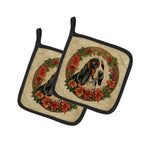 Basset Hound Christmas Flowers Pair of Pot Holders