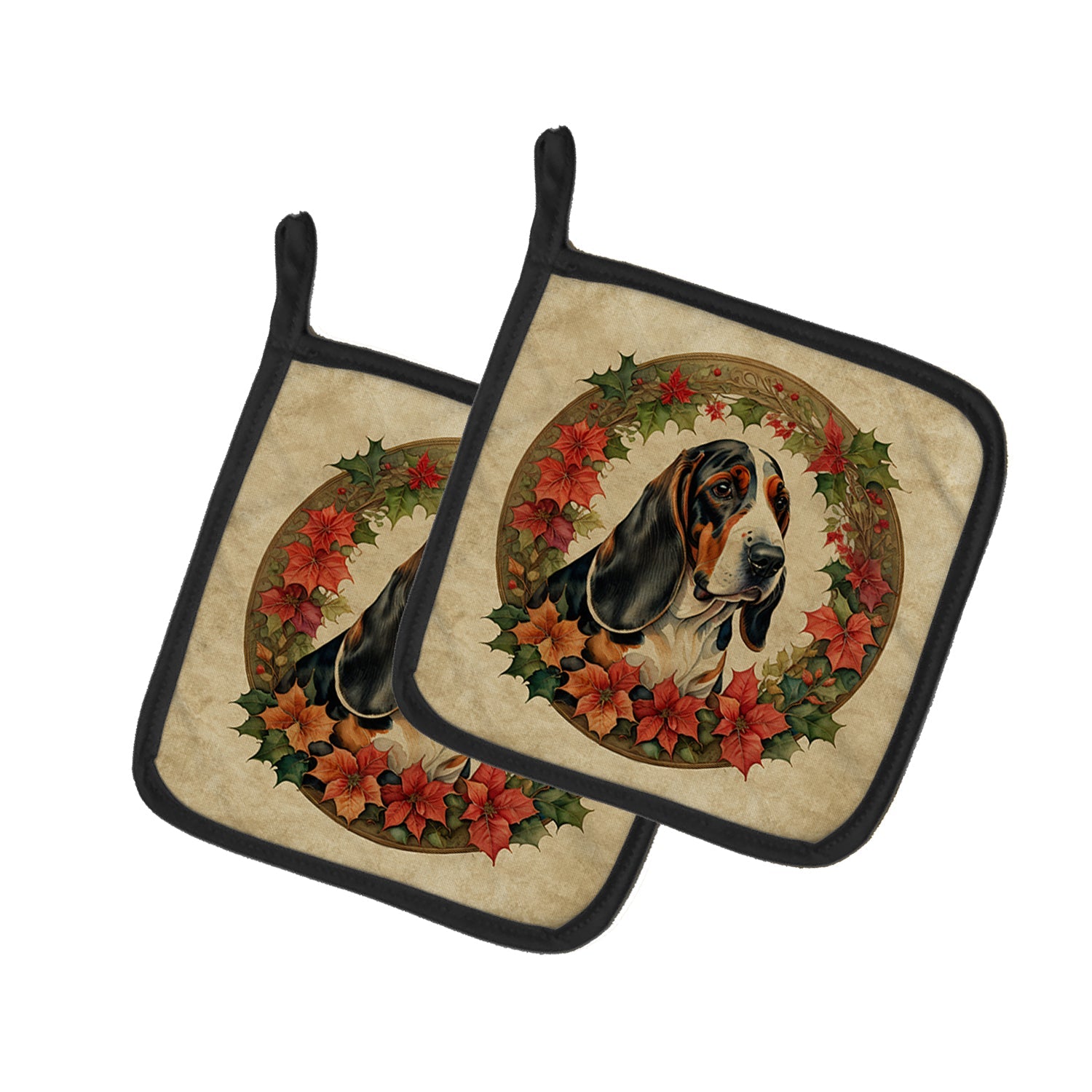 Basset Hound Christmas Flowers Pair of Pot Holders