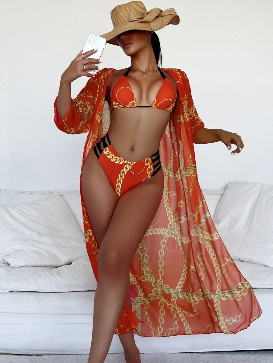 Chain Print Triangle Bikini 3-Piece Set (Amazon Best Seller)