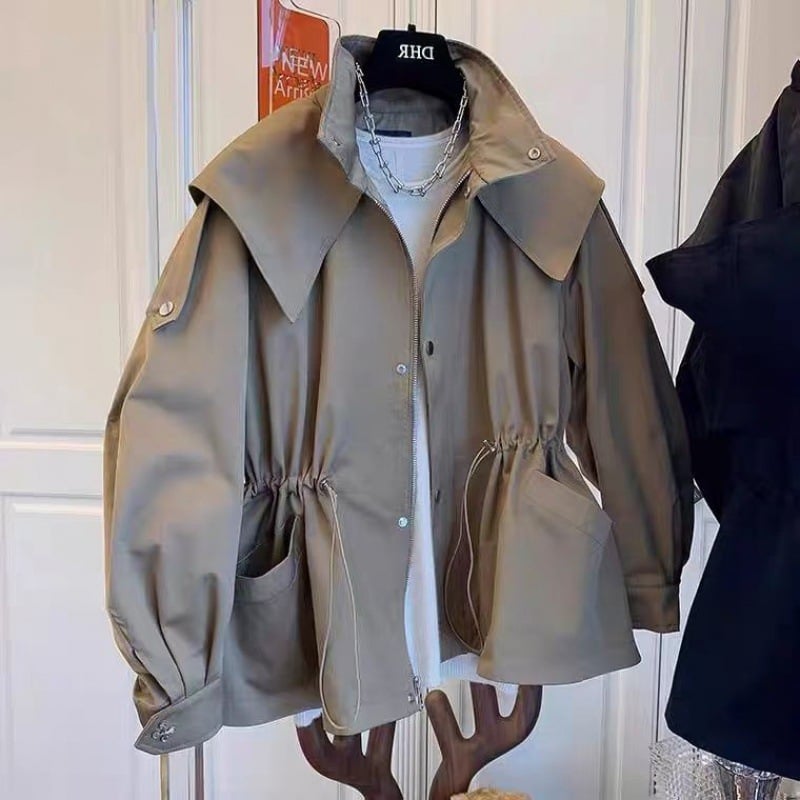 Lapel Hooded Trench Coat with Slimming Design