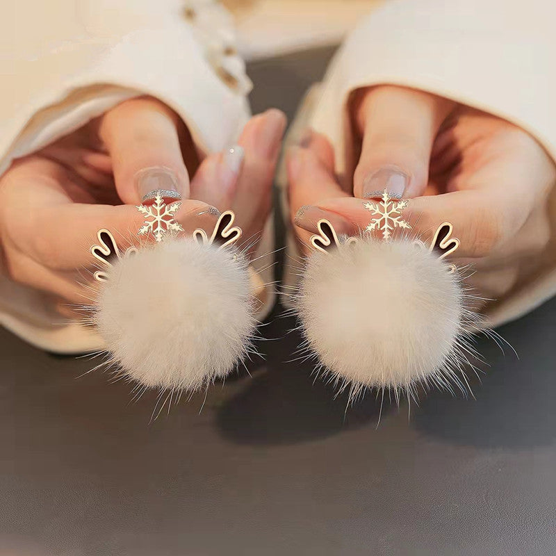 Women's Christmas Snowflake Antler Hair Ball Earrings