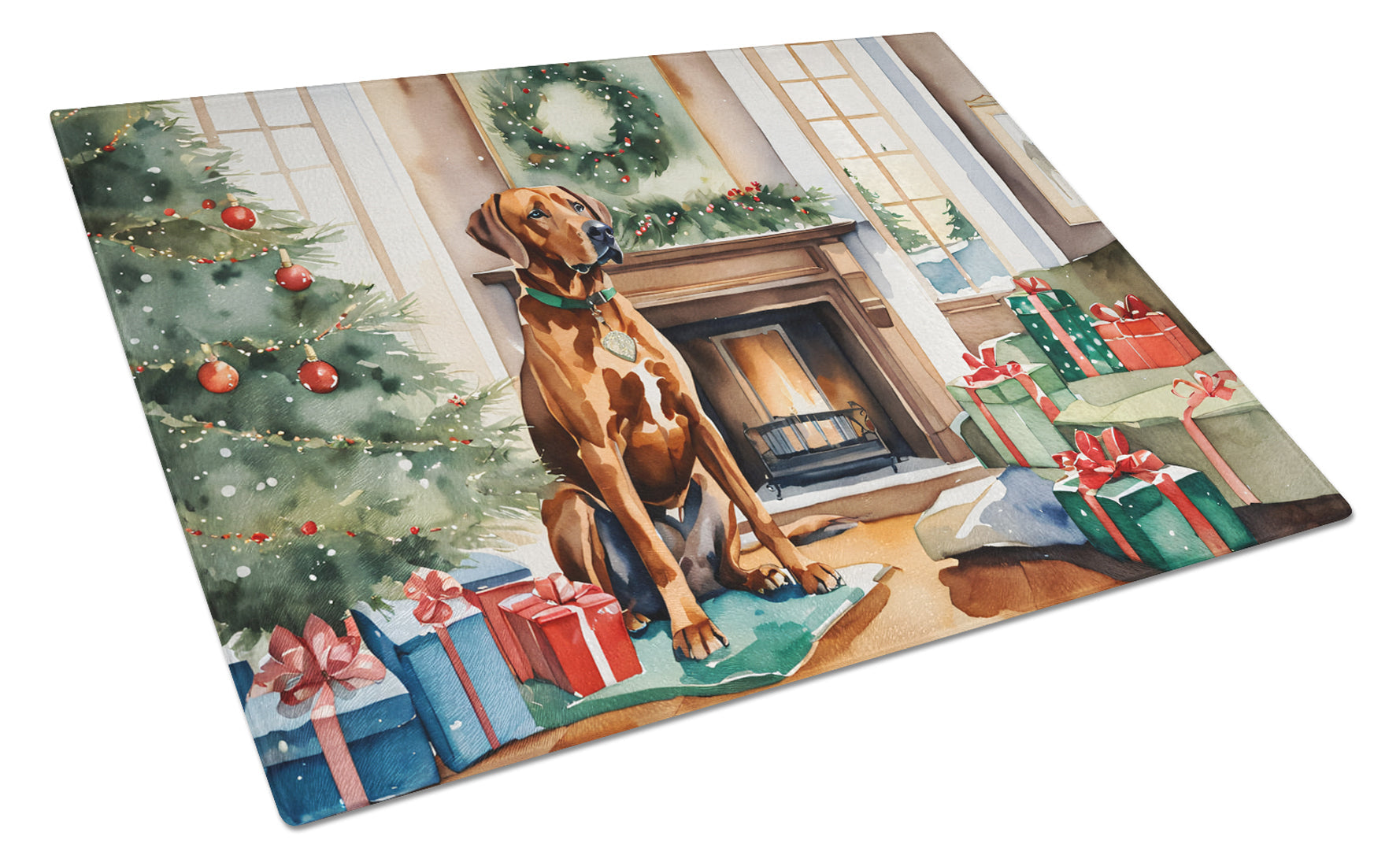Rhodesian Ridgeback Cozy Christmas Glass Cutting Board