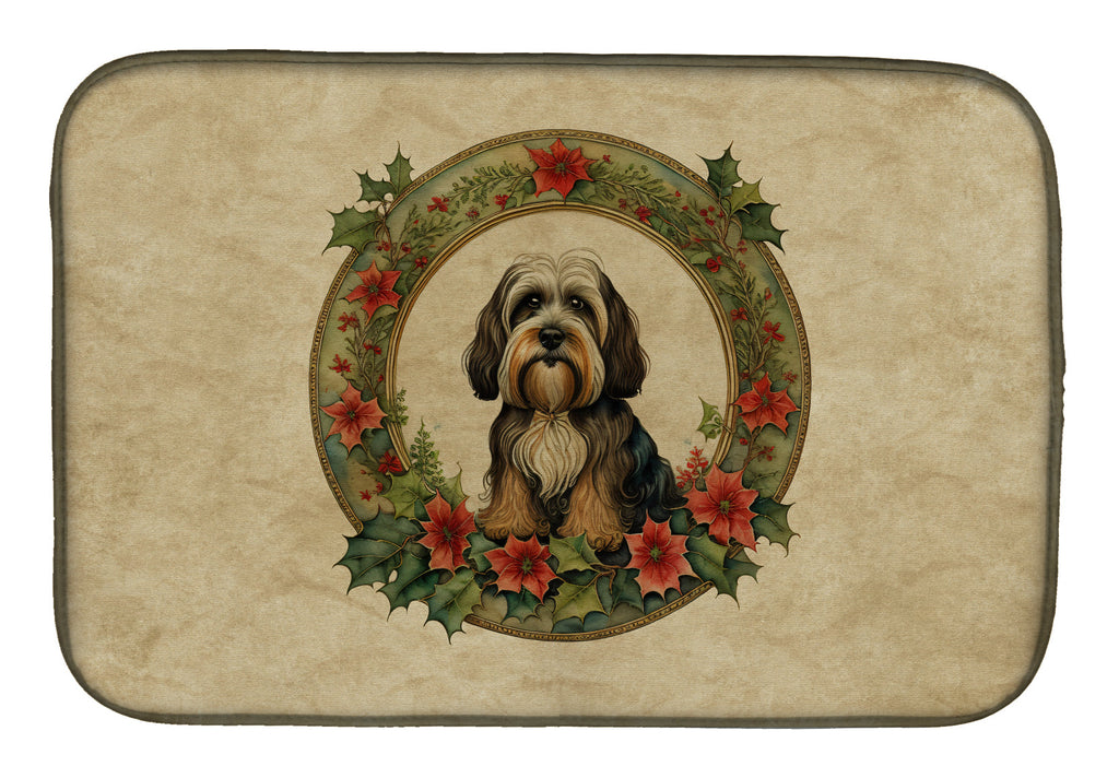 Tibetan Terrier Christmas Flowers Dish Drying Mat