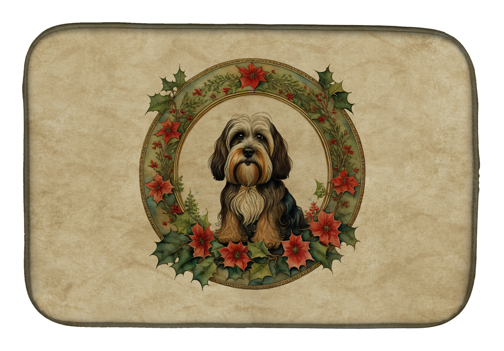 Tibetan Terrier Christmas Flowers Dish Drying Mat
