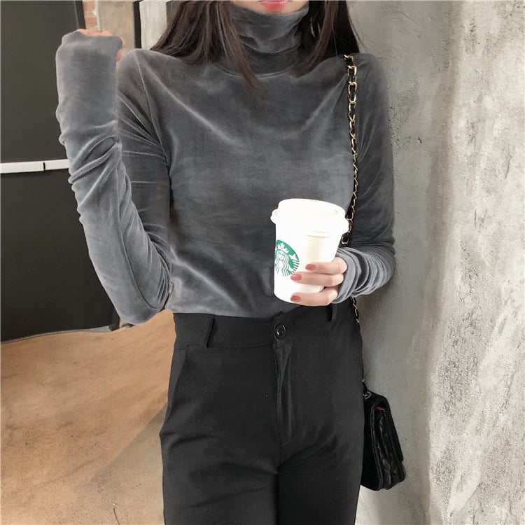 Women's Gold Velvet Turtleneck Thickened Shirt