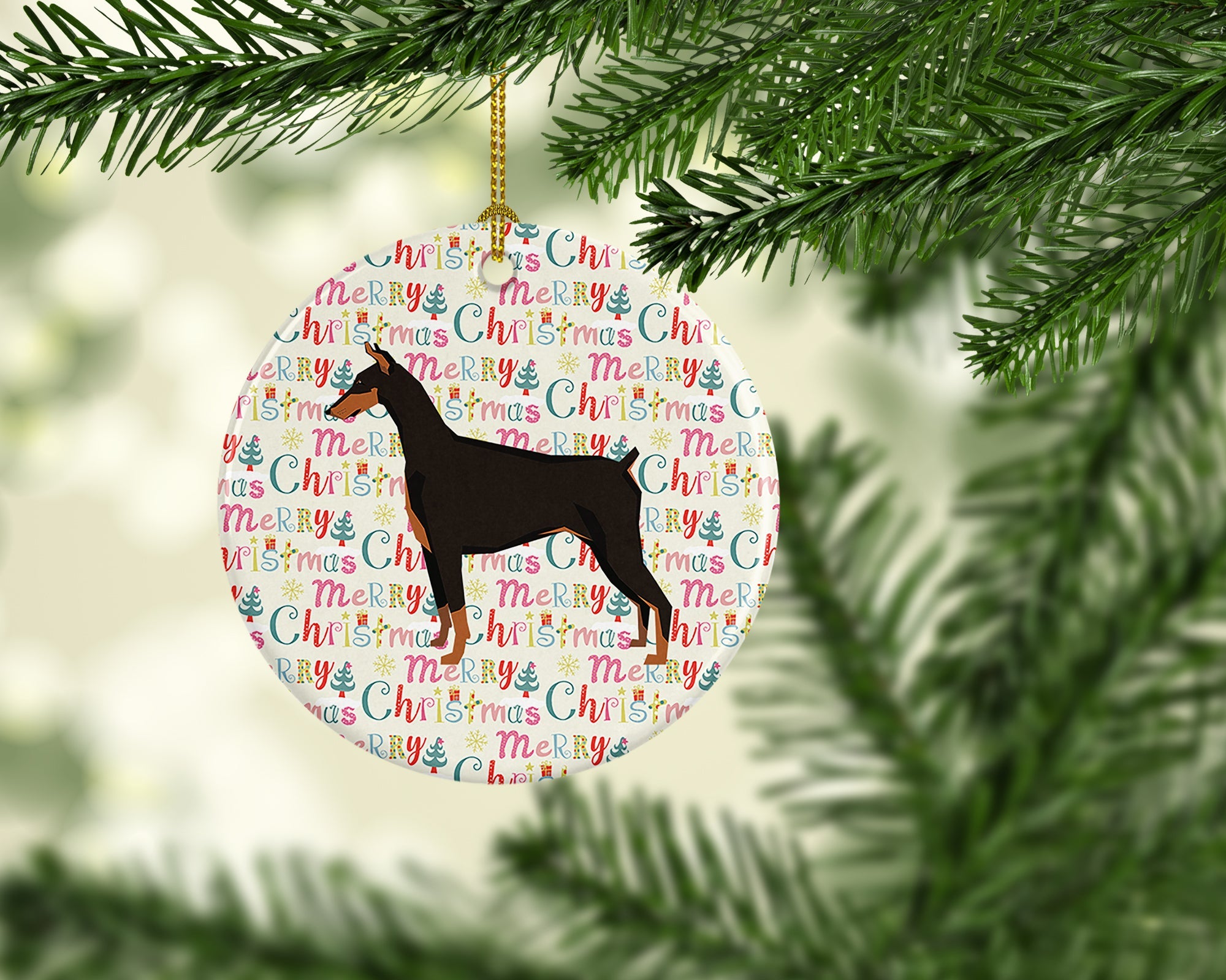 Doberman Pinscher Merry Christmas Ceramic Ornament